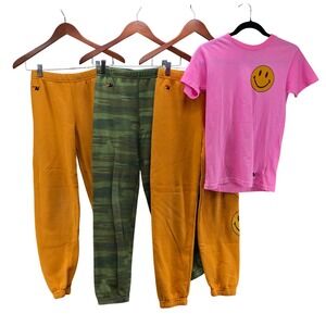 Aviator Nation Set Youth 14 Kids Pink Smiley Tee Yellow Camo‎ Sweatpants Bundle